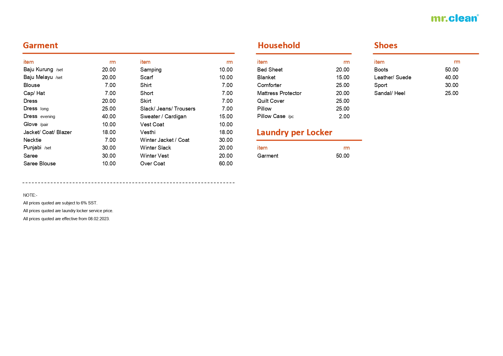 Mr Clean Locker Price List 08.02.2023