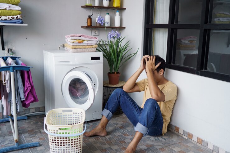 asian man stressed because broken washing machine